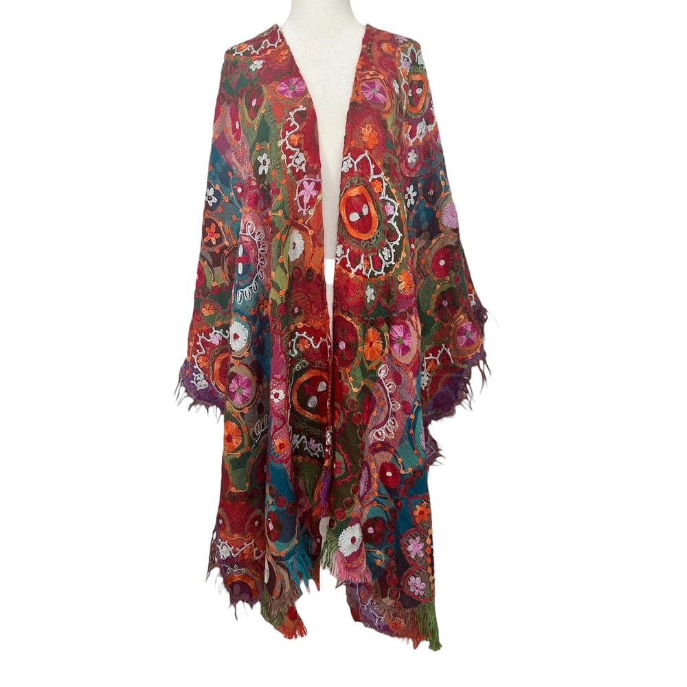 Anu Shawl Poncho 100% Wool Embroidered Floral Red